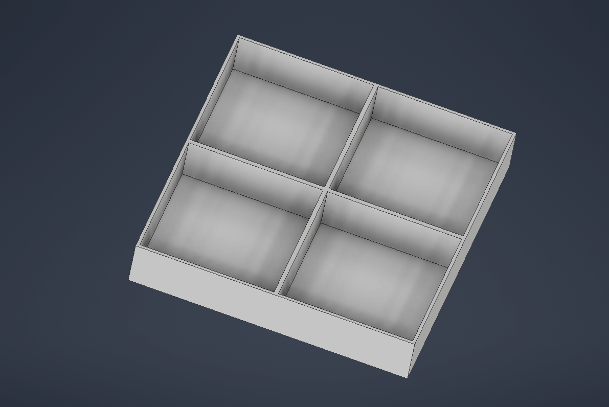 CAD model of a four compartment organizer tray